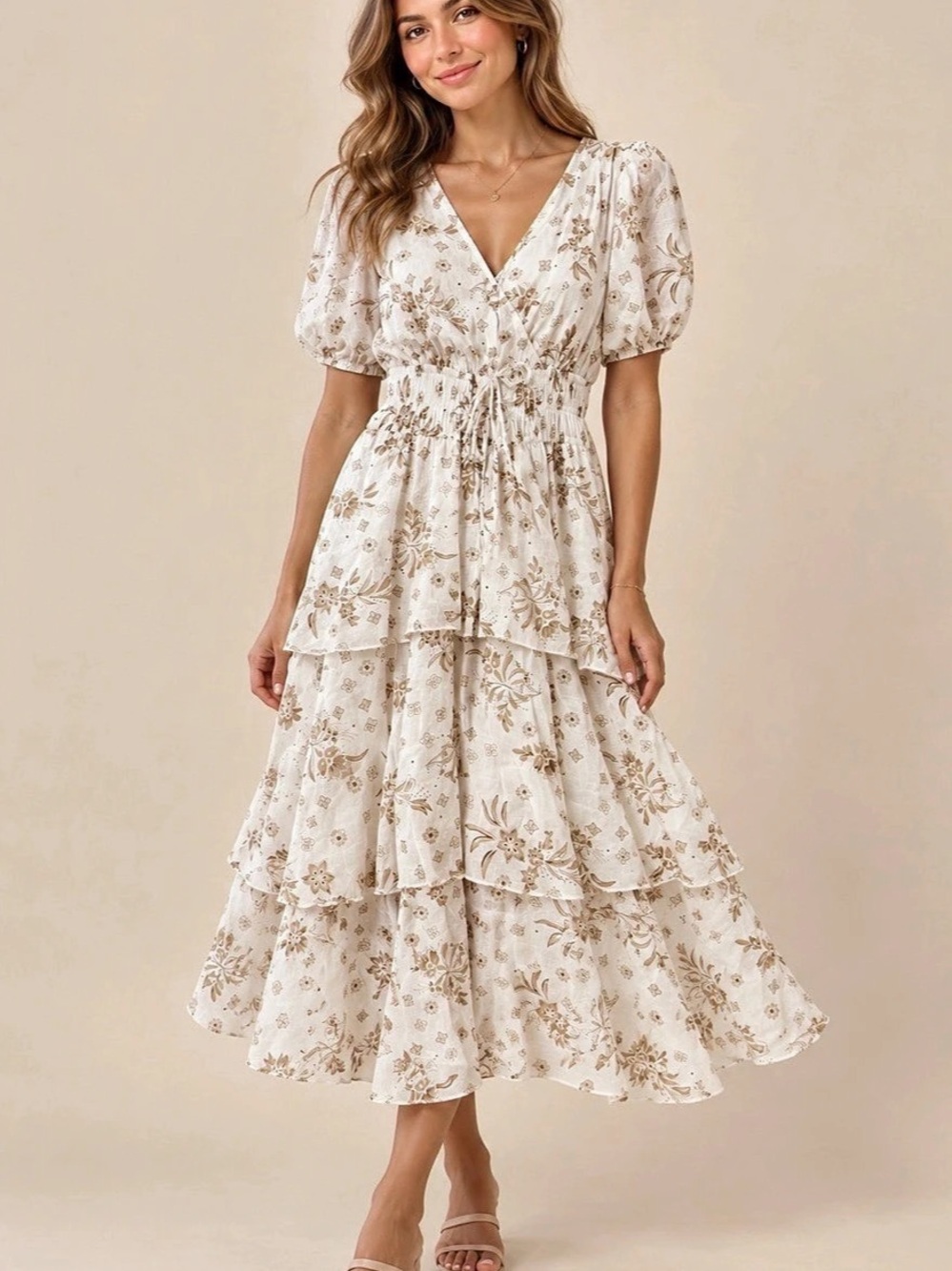 J. Gee midi dress Floral in White & Brown Size PS NWT